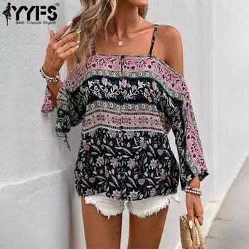 YYFS Женская мода повседневная весна осень цветочный узор принт длинный рукав одно плечо блузки и рубашки S чёрный