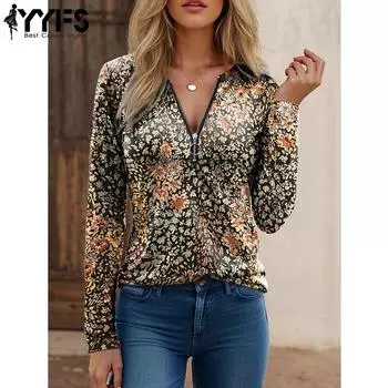 YYFS Женская мода Повседневная весна-осень Цветочный узор Принт Длинные рукава V-образный вырез Блузки и рубашки S
