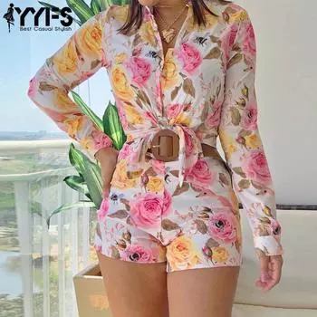 YYFS Женская мода Повседневная Весна Осень Цветочный узор Принт Длинный рукав Поло Воротник Блузки и рубашки Брюки Костюмы S