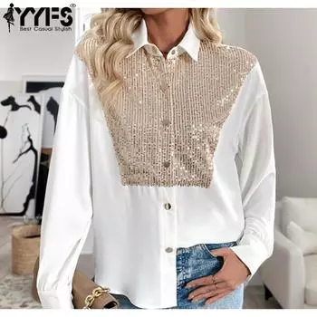 YYFS Женская мода Повседневная весна-осень Длинные рукава Поло воротник блузки и рубашки S белый