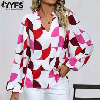 YYFS Женская мода повседневная весна осень геометрический принт длинный рукав V-образный вырез блузки и рубашки S чёрный