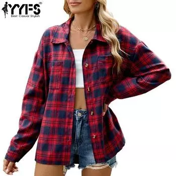 YYFS Женская мода повседневная весна-осень клетчатый принт длинный рукав воротник поло блузки и рубашки S