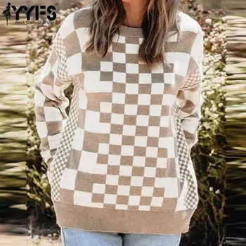 YYFS Женская мода повседневная весна-осень клетчатый принт с длинным рукавом и круглым вырезом блузки и рубашки S