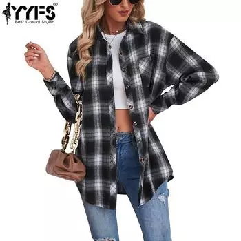YYFS Женская мода повседневная весна-осень клетчатый принт длинный рукав воротник поло блузки и рубашки S чёрный