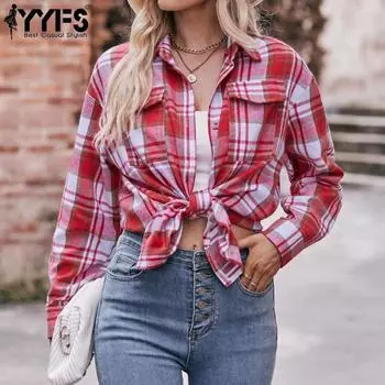 YYFS Женская мода повседневная весна-осень клетчатый принт длинный рукав воротник поло блузки и рубашки S красный