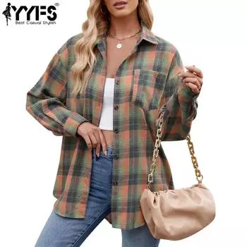 YYFS Женская мода повседневная весна-осень клетчатый принт длинный рукав воротник поло блузки и рубашки S оранжевый