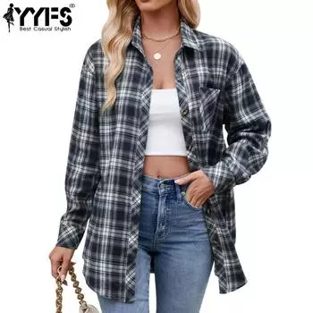 YYFS Женская мода повседневная весна-осень клетчатый принт длинный рукав воротник поло блузки и рубашки S тёмно-синий