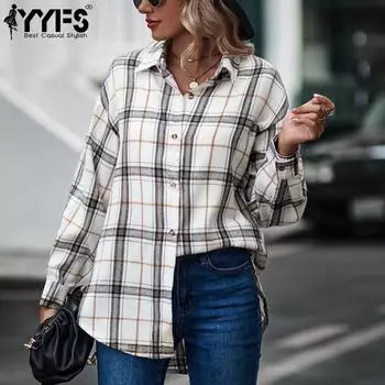 YYFS Женская мода повседневная весна-осень клетчатый принт длинный рукав воротник поло блузки и рубашки S