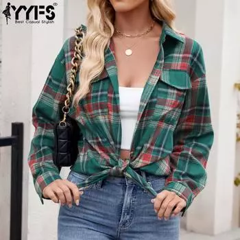 YYFS Женская мода повседневная весна-осень клетчатый принт длинный рукав воротник поло блузки и рубашки S темно-зеленого