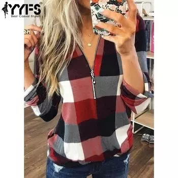 YYFS Женская мода Повседневная весна-осень клетчатый принт Длинные рукава V-образный вырез Блузки и рубашки S красный