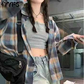 YYFS Женская мода Повседневная весна-осень клетчатый принт Длинные рукава воротник поло Блузки и рубашки S