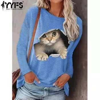 YYFS Женская мода Повседневная весна-осень Кошачий принт Длинные рукава О-образный вырез Блузки и рубашки S чёрный