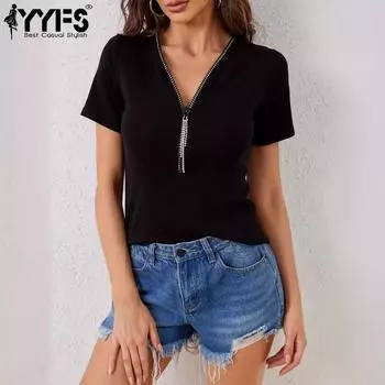 YYFS Женская мода повседневная весна осень лето весна короткие рукава V-образный вырез блузки и рубашки S чёрный