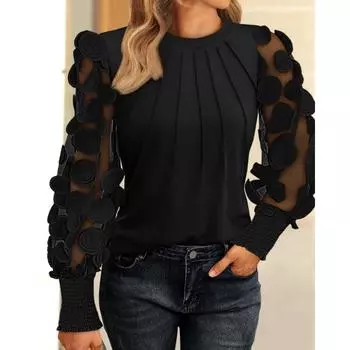 YYFS Женская мода Повседневная весна-осень Однотонные принты Длинные рукава О-образный вырез Блузки и рубашки S чёрный