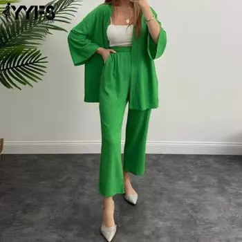 YYFS Женская мода повседневная весна осень однотонные принты длинные рукава блузки и рубашки брюки костюмы S зелёный