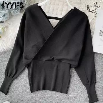 YYFS Женская мода Повседневная весна-осень Однотонные принты Длинные рукава V-образный вырез Блузки и рубашки Size: One Size чёрный