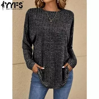 YYFS Женская мода Повседневная весна-осень Однотонные принты Длинные рукава О-образный вырез Блузки и рубашки S чёрный