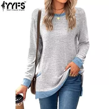 YYFS Женская мода Повседневная весна-осень Однотонные принты Длинные рукава О-образный вырез Блузки и рубашки S светло-серый