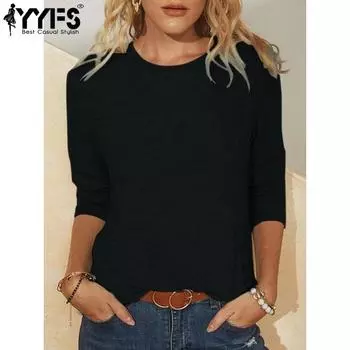 YYFS Женская мода Повседневная весна-осень Однотонные принты Длинные рукава О-образный вырез Блузки и рубашки S чёрный