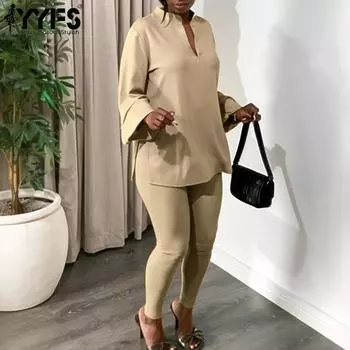 YYFS Женская мода повседневная весна осень однотонные принты длинные рукава V-образный вырез блузки и рубашки брюки брючные костюмы S хаки