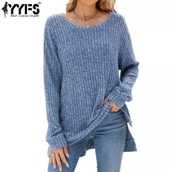 YYFS Женская мода Повседневная весна-осень Однотонные принты Длинные рукава О-образный вырез Блузки и рубашки S