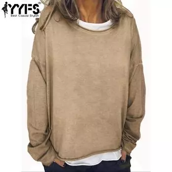 YYFS Женская мода Повседневная весна-осень Однотонные принты Длинные рукава О-образный вырез Блузки и рубашки S хаки