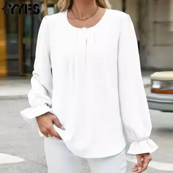 YYFS Женская мода Повседневная весна-осень Однотонные принты Длинные рукава О-образный вырез Блузки и рубашки S белый