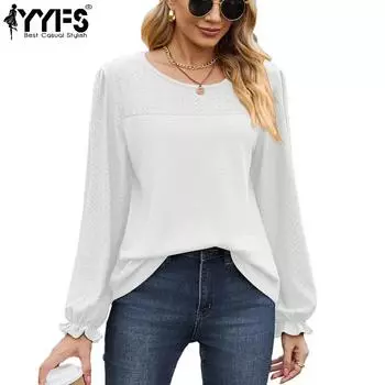 YYFS Женская мода Повседневная весна-осень Однотонные принты Длинные рукава О-образный вырез Блузки и рубашки S белый