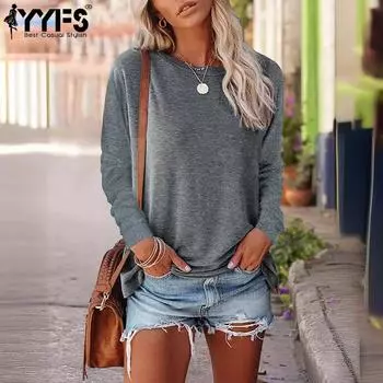 YYFS Женская мода Повседневная весна-осень Однотонные принты Длинные рукава О-образный вырез Блузки и рубашки S серый
