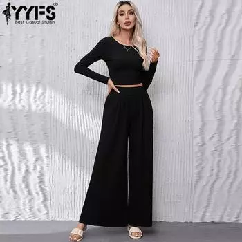 YYFS Женская мода повседневная весна осень однотонные принты длинные рукава О-образный вырез блузки и рубашки брюки костюмы L