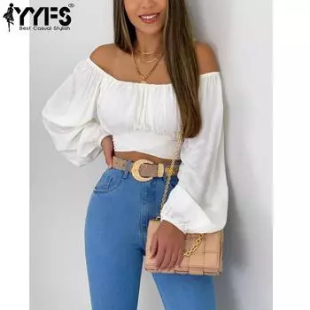 YYFS Женская мода Повседневная весна-осень Однотонные принты Длинные рукава Одно плечо Блузки и рубашки S белый