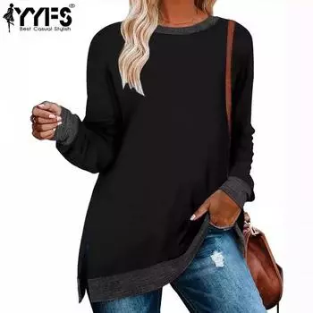 YYFS Женская мода Повседневная весна-осень Однотонные принты Длинные рукава О-образный вырез Блузки и рубашки S чёрный