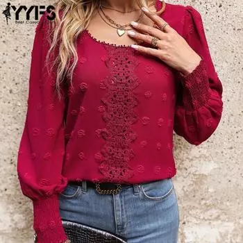 YYFS Женская мода Повседневная весна-осень Однотонные принты Длинные рукава U-образный вырез Блузки и рубашки S красный