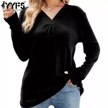 YYFS Женская мода Повседневная весна-осень Однотонные принты Длинные рукава V-образный вырез Блузки и рубашки S чёрный