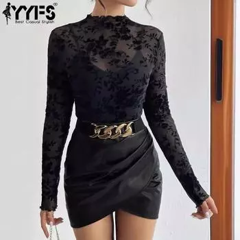 YYFS Женская мода Повседневная весна-осень Однотонные принты Длинные рукава О-образный вырез Блузки и рубашки S чёрный