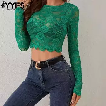 YYFS Женская мода Повседневная весна-осень Однотонные принты Длинные рукава О-образный вырез Блузки и рубашки S темно-зеленого