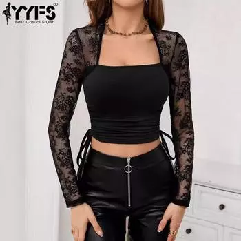 YYFS Женская мода Повседневная весна-осень Однотонные принты Длинные рукава Квадратный воротник Блузки и рубашки S чёрный