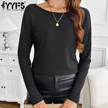 YYFS Женская мода Повседневная весна-осень Однотонные принты Длинные рукава О-образный вырез Блузки и рубашки S чёрный
