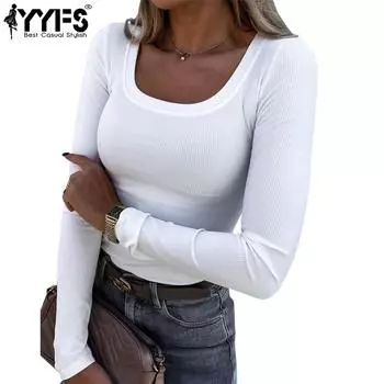 YYFS Женская мода Повседневная весна-осень Однотонные принты Длинные рукава U-образный вырез Блузки и рубашки M