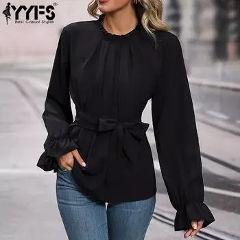 YYFS Женская мода Повседневная весна-осень Однотонные принты Длинные рукава О-образный вырез Блузки и рубашки S чёрный