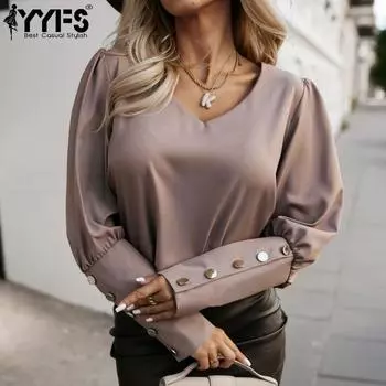 YYFS Женская мода Повседневная весна-осень Однотонные принты Длинные рукава V-образный вырез Блузки и рубашки S белый