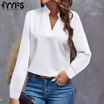 YYFS Женская мода Повседневная весна-осень Однотонные принты Длинные рукава V-образный вырез Блузки и рубашки S белый