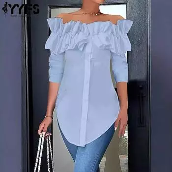 YYFS Женская мода Повседневная весна-осень Однотонные принты Длинные рукава Одно плечо Блузки и рубашки S белый
