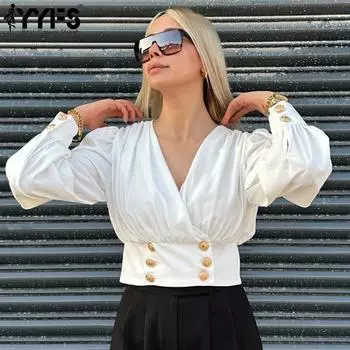 YYFS Женская мода Повседневная весна-осень Однотонные принты Длинные рукава V-образный вырез Блузки и рубашки S белый