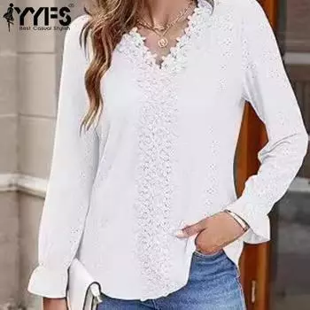YYFS Женская мода Повседневная весна-осень Однотонные принты Длинные рукава V-образный вырез Блузки и рубашки S белый