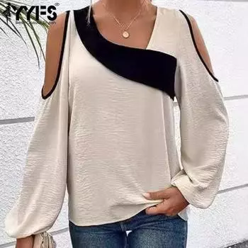 YYFS Женская мода Повседневная весна-осень Однотонные принты Длинные рукава V-образный вырез Блузки и рубашки S бордовый