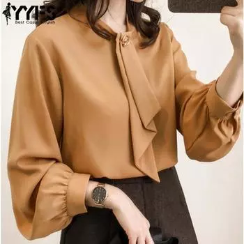 YYFS Женская мода Повседневная весна-осень Однотонные принты Длинные рукава О-образный вырез Блузки и рубашки M жёлтый