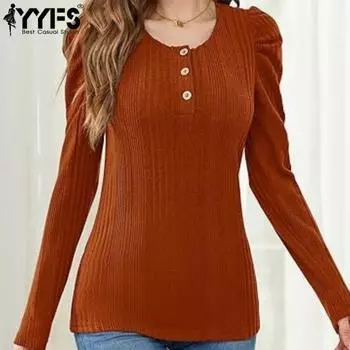 YYFS Женская мода повседневная весна осень однотонные принты длинные рукава U-образный вырез блузки и рубашки S светло-коричневого