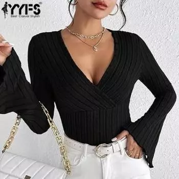 YYFS Женская мода Повседневная весна-осень Однотонные принты Длинные рукава V-образный вырез Блузки и рубашки XS чёрный