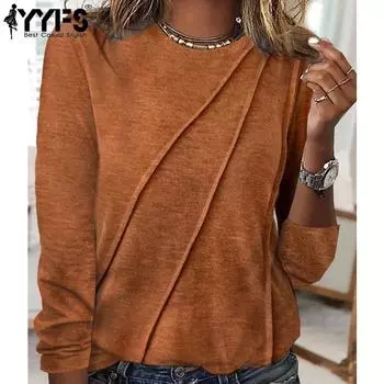 YYFS Женская мода Повседневная весна-осень Однотонные принты Длинные рукава О-образный вырез Блузки и рубашки S оранжевый